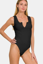 Black microfiber notched sleeveless bodysuit with scoop neckline and high cut leg design by zenana microfiber notched sleeveless