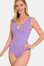 Lavender microfiber notched sleeveless bodysuit with scoop neckline one-piece swimsuit by zenana