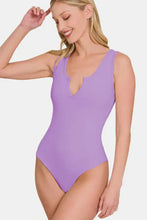 Lavender microfiber notched sleeveless bodysuit with deep v-neckline and thin shoulder straps by zenana