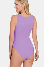 Lavender microfiber notched sleeveless bodysuit with a sleek, form-fitting design and round neckline by zenana