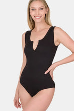 Black microfiber notched sleeveless one-piece bodysuit with deep v-neckline from zenana collection