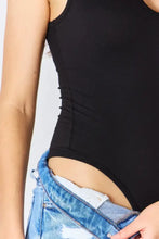 Black zenana microfiber notched sleeveless bodysuit with a side seam cutout in microfiber material