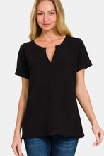 Zenana notched short sleeve waffle T-shirt in black V-neck tunic