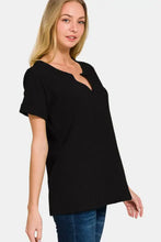 Zenana notched short sleeve waffle t-shirt in black