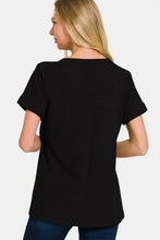 Zenana notched short sleeve waffle t-shirt in black