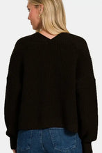 Zenana open front drop shoulder sweater cardigan in black V-neck with ribbed long sleeves