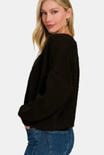 Zenana open front drop shoulder sweater cardigan in black oversized knit with ribbed cuffs