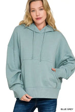 Blue grey zenana oversized fleece kangaroo pocket hoodie with ribbed cuffs hem and drawstring hood
