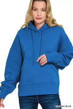 Classic blue zenana oversized fleece hoodie with ribbed cuffs, fleece kangaroo pocket, and drawstring hood