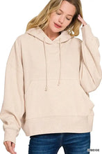 Beige zenana oversized fleece kangaroo pocket hoodie with soft textured fabric and matching drawstrings