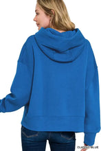 Classic blue zenana oversized fleece kangaroo pocket hoodie with soft ribbed hem and cuffs in cropped style