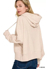 Beige zenana oversized fleece cropped hoodie with soft relaxed fit drawstring hood and kangaroo pocket