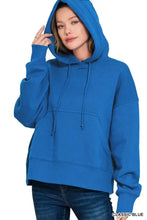 Classic blue zenana oversized fleece hoodie with fleece kangaroo pocket ribbed cuffs hem and drawstring hood