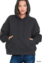 Black zenana oversized fleece kangaroo pocket hoodie with drawstrings and front pockets for casual wear