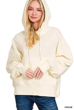 Cream-colored zenana oversized fleece kangaroo pocket hoodie with soft cotton blend fabric and matching drawstrings