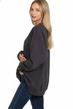 Dark gray zenana oversized fleece tunic sweatshirt with fleece interior and relaxed fit long sleeves for casual wear
