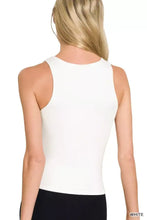 White sleeveless rayon double layered tank top with rounded neckline and fitted silhouette by zenana premium