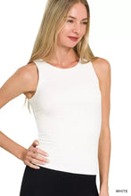 White sleeveless rayon double layered tank top with rounded neckline and fitted silhouette by zenana premium