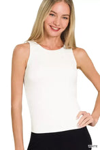 White sleeveless rayon double layered tank top with rounded neckline and smooth form-fitting fabric by Zenana Premium