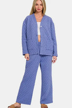 Zenana Quilted Button Up Long Sleeve Top and Pants Lounge Set Blue Purple Woman Loungewear Sets