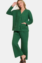 Zenana Quilted Button Up Long Sleeve Top and Pants Lounge Set Dark Green Woman Loungewear Sets