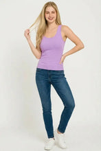 Lavender sleeveless racer back tank top with removable pads made from soft ribbed knit fabric