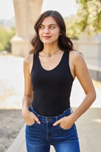 Black sleeveless Zenana racerback tank bodysuit with scoop neckline and fitted silhouette for versatile layering