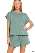Zenana raised rib cap sleeve top and shorts set in jade green