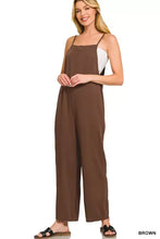 Zenana rayon woven wide leg jumpsuit with brown fabric, spaghetti straps, white side panel