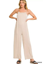 Sandy beige Zenana rayon woven wide leg jumpsuit with spaghetti straps