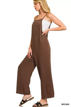 Zenana rayon woven wide leg jumpsuit in brown with spaghetti straps