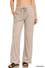 Ash mocha ribbed drawstring lounge pants with a wide-leg fit and comfortable ribbed knit fabric by Zenana