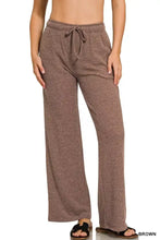 Brown ribbed knit wide-leg lounge pants with ribbed drawstring waist from zenana collection