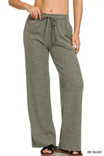 Dark olive ribbed drawstring wide-leg knit lounge pants by zenana made from soft ribbed fabric for comfort and style