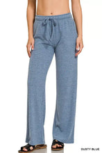 Dusty blue ribbed drawstring wide-leg knit lounge pants by zenana with comfortable waistband and soft fabric material