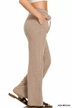 Beige ribbed knit wide-leg lounge pants with a ribbed drawstring waistband from Zenana Ribbed Drawstring Lounge Pants