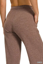 Brown zenana ribbed drawstring lounge pants with a comfortable elastic waistband in ribbed knit fabric