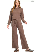 Brown ribbed knit two-piece hoodie and zenana ribbed drawstring lounge pants set for comfortable casual wear