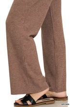 Brown ribbed knit wide-leg lounge pants with ribbed drawstring from Zenana for comfortable casual wear