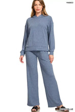 Dusty blue ribbed drawstring two-piece hoodie and pants set made of knit fabric for comfortable lounging by zenana