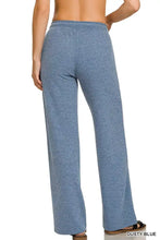 Dusty blue ribbed knit wide-leg lounge pants with ribbed drawstring by zenana for comfortable wear