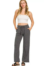 Gray heathered ribbed drawstring lounge pants with wide-leg fit and side pockets by zenana for comfortable wear