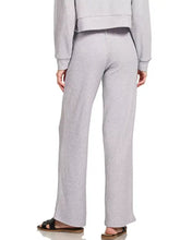 Light gray ribbed drawstring lounge pants in knit fabric featuring wide-leg design by Zenana