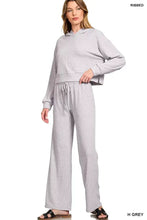 Light grey ribbed knit lounge pants set with a cropped hoodie featuring ribbed drawstring for comfortable wear