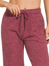 Maroon heathered ribbed knit jogger pants with a ribbed drawstring waistband from zenana lounge collection