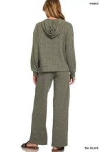 Olive ribbed drawstring hooded sweatshirt and matching wide-leg lounge pants set from zenana in soft ribbed fabric