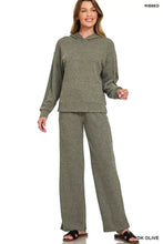 Olive ribbed knit two-piece hoodie and pants set featuring ribbed drawstring lounge pants for comfortable casual wear