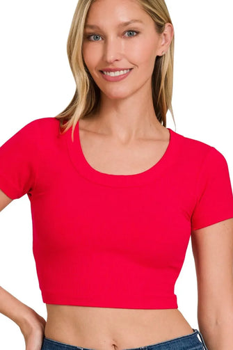 Zenana Ribbed Red Cropped Scoop Neck T Shirt for Women RUBY