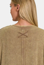 Zenana ribbed round neck drop shoulder T-shirt in washed olive green with X-stitch back detail