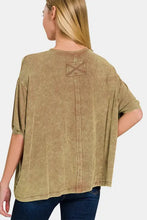 Zenana ribbed round neck drop shoulder t-shirt in olive green acid wash